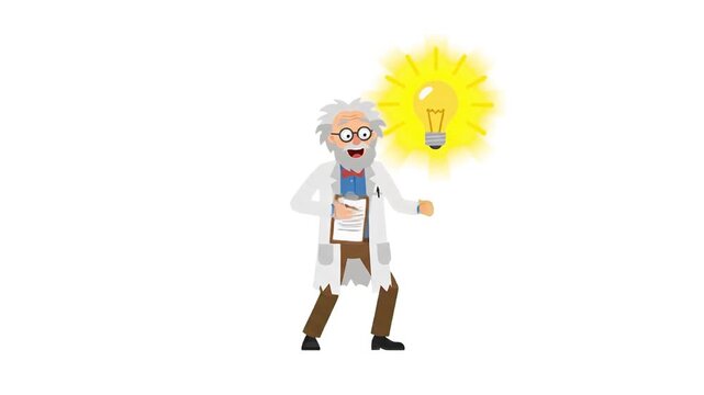 An enthusiastic, 3D animated caricature of an old scientist with crazy gray hair, wearing a lab coat and holding a clipboard, gestures towards a large, radiating yellow light bulb above his head. This