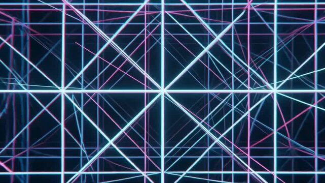 Geometric pattern of intersecting lines and shapes in neon colors on a dark background.