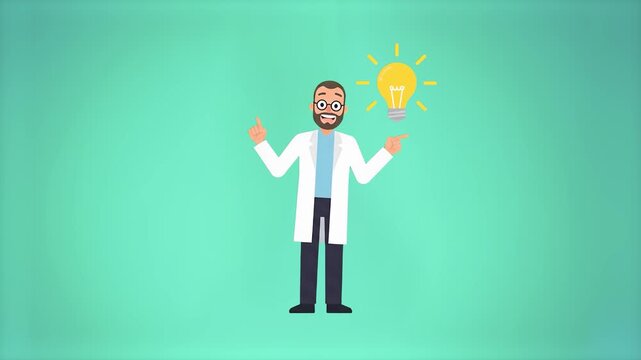 A 2D animated male researcher in glasses and a lab coat points upward as a glowing lightbulb appears above him, symbolizing a creative breakthrough. The scene is set against a soft mint green backgrou