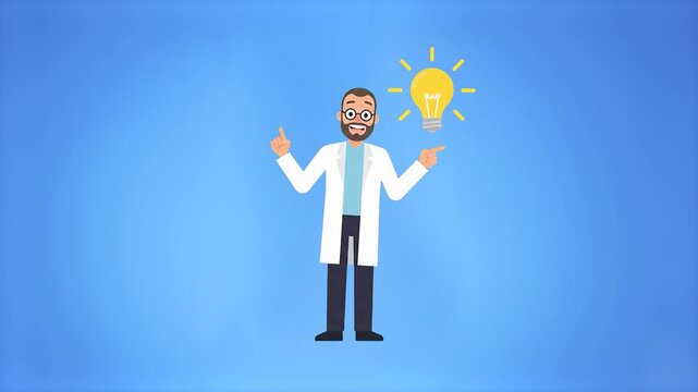 A 2D animated male scientist gestures toward a glowing lightbulb, representing a creative breakthrough or solution. The clear blue background makes it highly versatile for presentations and explainer 