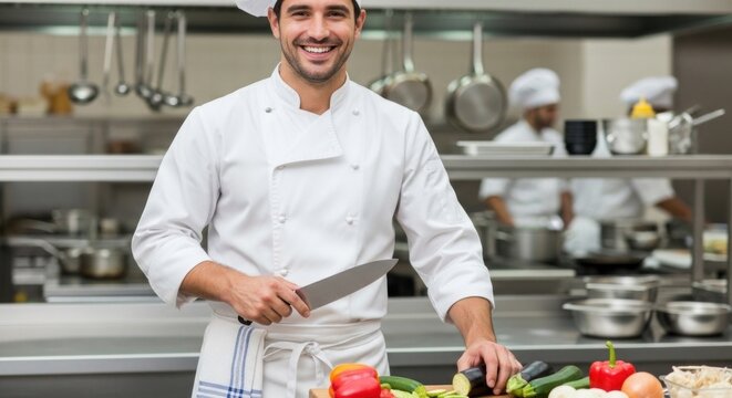 A smiling chef in a white uniform standing in a professional kitchen, holding a knife and cutting vegetables.