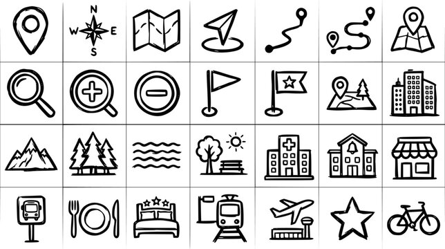 Hand Drawn Travel and Navigation Icons Set: Location, Maps, Transport, Buildings, Nature, and Tourism Symbols in Sketch Line Art Style