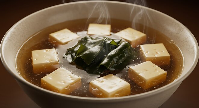 Tigela fumegante de sopa de tofu com algas marinhas, uma deliciosa receita da culin&aacute;ria asi&aacute;tica.