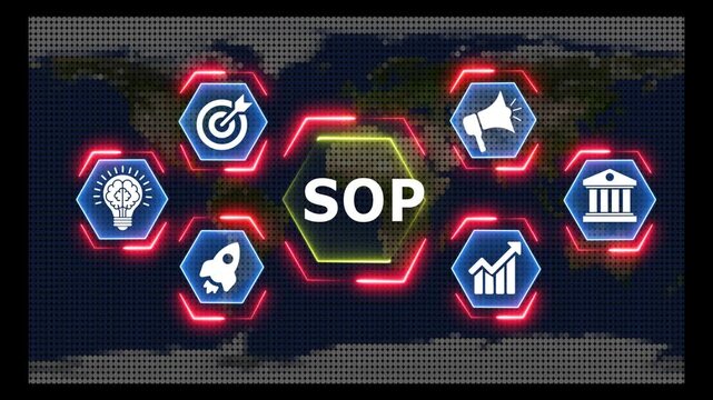 SOP standard operating procedure glowing neon icons business management motion graphic.