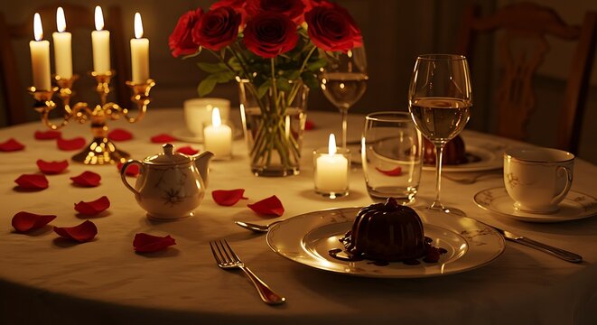 Mesa de jantar rom&acirc;ntica decorada com velas, rosas, vinho e sobremesa.