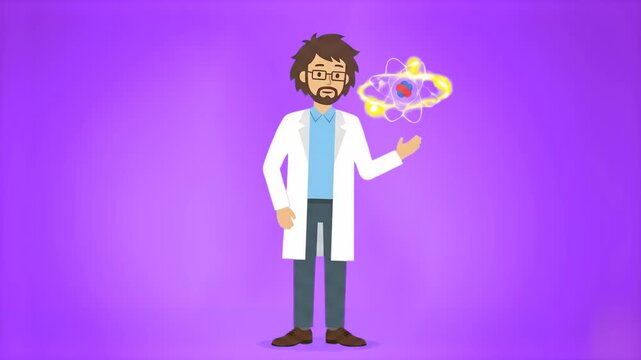 A 2D animated male physicist with glasses stands in a lab coat and gestures toward a glowing planetary model of an atom rotating beside him. Perfect for high-tech research presentations.