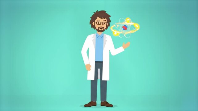 A 2D animated male physicist with glasses stands in a lab coat and gestures toward a glowing, rotating planetary model of an atom floating beside him. Ideal for physics, chemistry, and high-tech resea