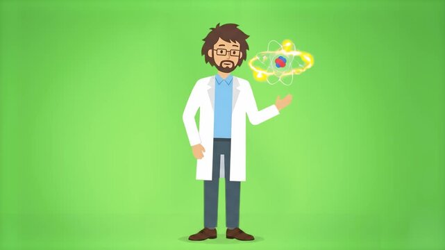 A 2D animated male scientist holding an orbiting atom symbol stands against a chroma key green background. Suitable for physics education, chemistry videos, quantum science concepts, and research pres