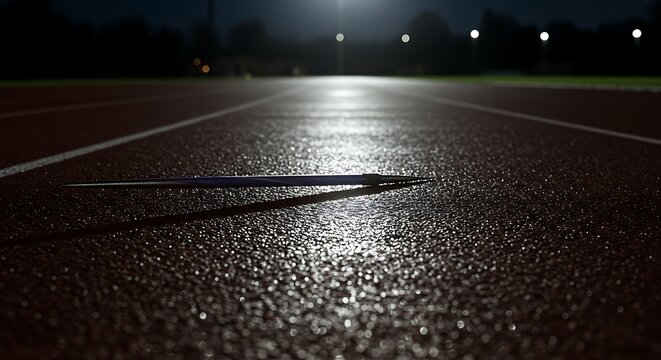 Lan&ccedil;a de dardo de atletismo apoiada em superf&iacute;cie de asfalto com luz