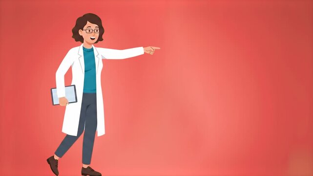 A 2D animated female scientist or doctor wearing glasses and a lab coat points to the side against a red background. Excellent for healthcare presentations, medical advice videos, and scientific expla