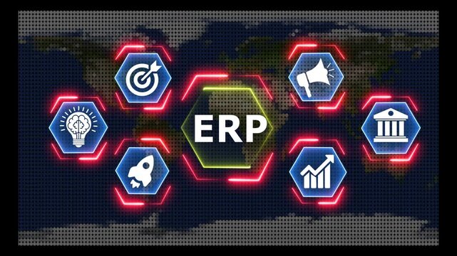Erp enterprise resource planning system animation with glowing digital icons.