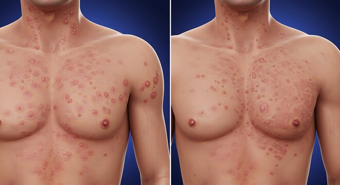 Compara&ccedil;&atilde;o da condi&ccedil;&atilde;o da pele do torso masculino antes e depois do tratamento.