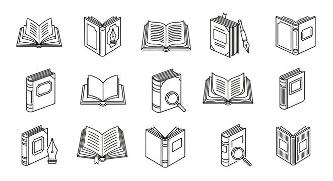 Isometric illustrations of books and related objects in line art style