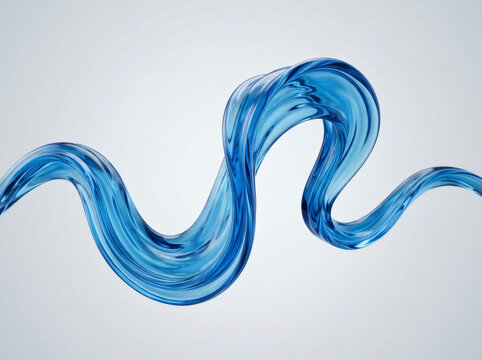 3D-rendered abstract blue waveform with floating Japanese descriptive tags and lines on a clean white background, futuristic technology aesthetic.
