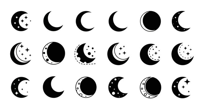 Lunar phases collection crescent moons with stars in various stages