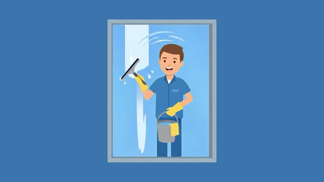 A cheerful 3D animated window cleaner in a blue uniform and yellow gloves uses a squeegee to wipe down a window pane. This professional janitor character is isolated on a solid blue background.