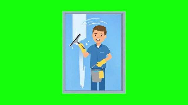 A 2D vector animation of a smiling window washer cleaning a glass pane with a squeegee and holding a bucket. The solid green background provides seamless chroma keying for maintenance service commerci