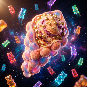 Surreal 3D illustration of a furry bubble waffle ice cream cone with gold sprinkles floating in a cosmic galaxy space filled with colorful gummy bears.