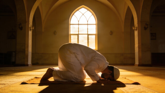 Muslim man praying in mosque, prostrating in prayer, sun rays through window