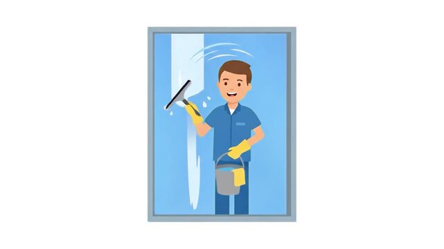 A 2D animated male cleaner in a blue uniform smiles while wiping a glass window using a squeegee and a bucket of soapy water. This isolated asset is perfect for residential or commercial window cleani