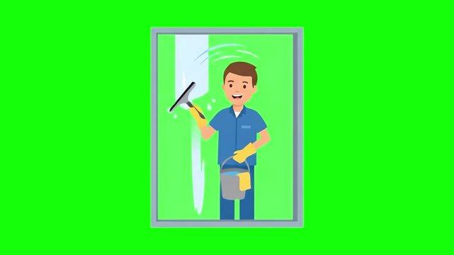 A 2D animated smiling male cleaner sweeps a squeegee across a glass window pane while holding a bucket. The chroma key green screen background allows for custom scene placement in maintenance videos.