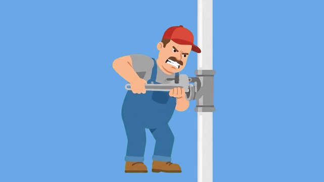 A 2D animated male plumber in denim overalls strains while fixing a vertical metallic water pipe with a pipe wrench. This flat vector motion graphic is ideal for commercial plumbing services.