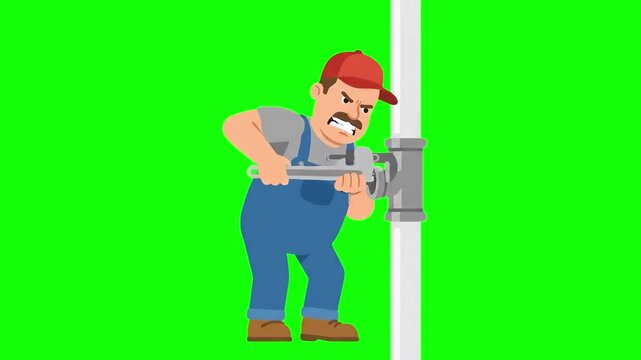 A 2D animated male plumber wearing a red cap and denim overalls strains with effort while fixing a vertical metallic water pipe with a pipe wrench. The chroma key background allows for custom scene pl