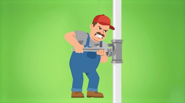 A 2D animated plumber character in overalls struggles to tighten a pipe using a wrench. This commercial asset features a solid green background for easy keying and compositing.