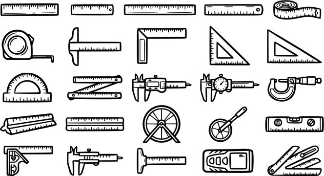 Outline Icons of Measurement Tools and Instruments. Engineering, Construction, and Education Devices in Black and White Line Art Doodle Style.