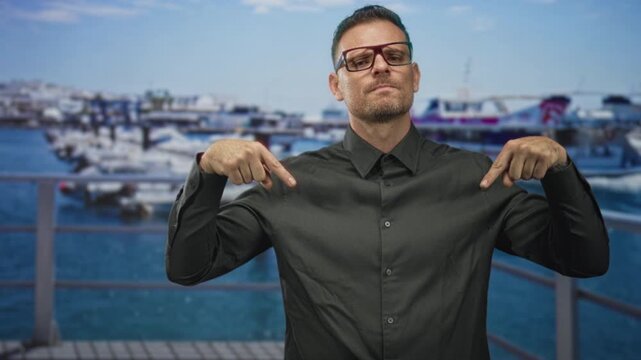 Man pointing fingers to his chest on a street pier wearing glasses and a black shirt in an assertive pose; confidence.