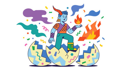 Naklejka premium Mythical Creature Emerging From Cracked Egg with Fire and Confetti
