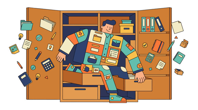 Man with Organized Pockets and Cabinet Full of Office Supplies