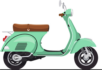 Scooter in a soft mint green color stands parked on a flat white surface. © Lucu