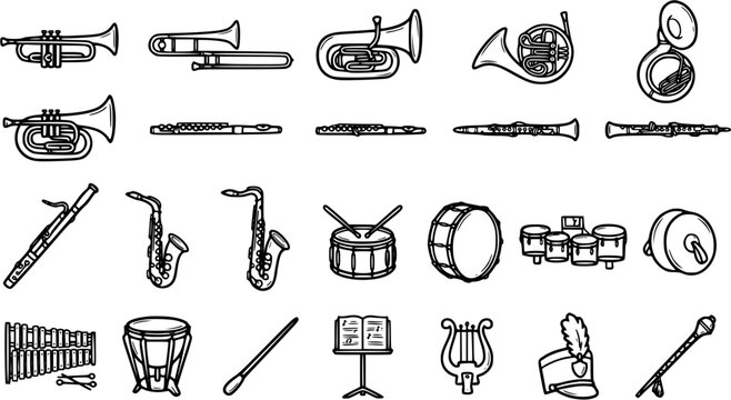 Orchestra and Marching Band Musical Instruments Black and White Line Art Vector Icon Set for Music Education and Performance