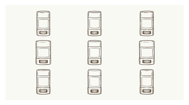 Set of nine deodorant sticks in a grid pattern, hand-drawn sketch style on a light background