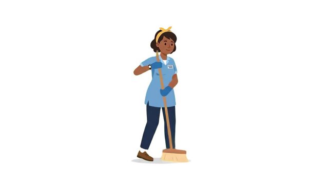An animated African American female cleaner in uniform holding a mop and cleaning the floor, isolated on a white background. Great for housekeeping service commercials, janitorial ads, maintenance tut