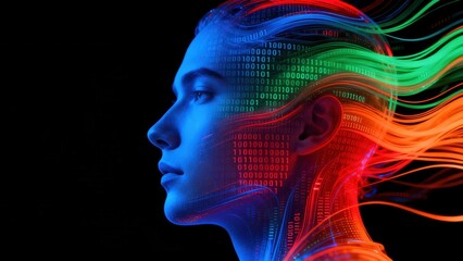 Obraz premium Human head with colorful binary data