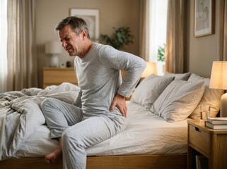 Fototapeta premium Mature man sitting on the edge of his bed at home feeling physical pain and holding his lower