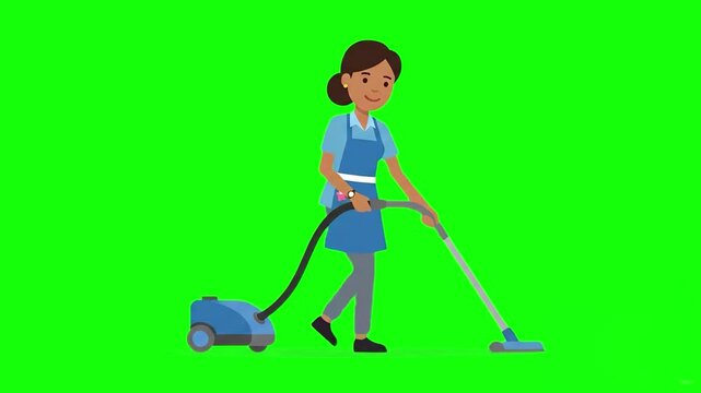 A 2D flat animated sequence of a female domestic worker or hotel maid using a canister vacuum cleaner on a keyable green screen. Great for housekeeping training videos and commercial cleaning advertis