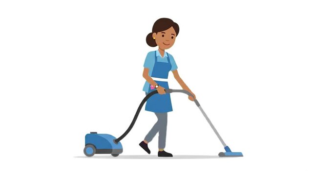 A 2D animated female cleaning professional in an apron uses a vacuum cleaner on a white backdrop. Perfect for housekeeping service ads, cleaning company promo videos, and home care explainer assets.
