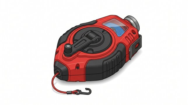 A red and black chalk line reel with ergonomic grip. It has a crank handle, clear window showing blue chalk, and a red string with metal hook for marking straight lines. Vector illustration on white b