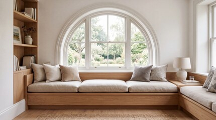 Fototapeta premium Modern living room interior with large arched window and neutral toned sectional sofa