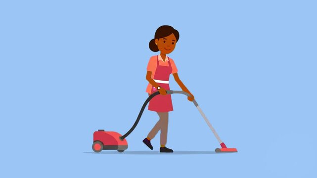 A 2D animated female housekeeper in an apron diligently uses a red canister vacuum cleaner to clean the floor. Set against a clean light blue background, it is ideal for commercial cleaning services a