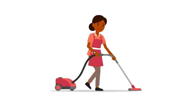 A 2D vector animation of a dark-skinned female cleaning worker using a red canister vacuum cleaner. This clean graphic asset on a plain white background is highly suitable for domestic cleaning servic