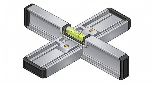 A cross-shaped aluminum level tool with black end caps. It has a yellow liquid bubble vial at the center for checking horizontal and vertical alignment. Vector illustration on white background.