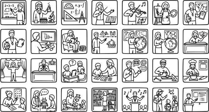 Black and white line art icons representing various school subjects and activities for education