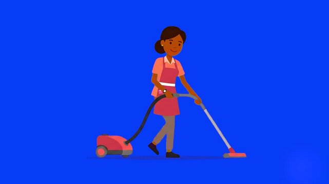 A 2D animated maid in a uniform walks forward while cleaning the floor with a canister vacuum cleaner. This video has a solid blue screen background for easy chroma key editing.