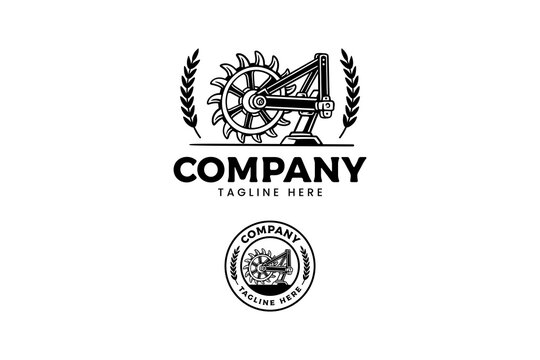 Rotary tiller agricultural machinery vintage logo design for farming. Farm cultivator equipment rustic badge logo for agriculture. Soil cultivation machine retro illustration design for landscaping