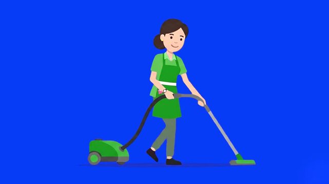 A flat 2D vector animation of a female cleaner in a green apron operating a vacuum cleaner against a solid blue background. Ideal for commercial cleaning service promos and housekeeping explainer vide