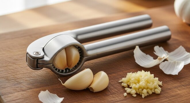 A garlic press with garlic cloves on a wooden cutting board.